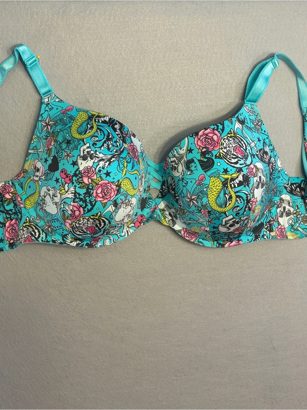 Turquoise Floral & Skull T-Shirt Bra - Smooth Molded Cups